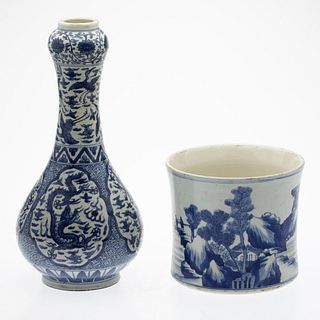 Chinese Blue and White Vase and Brush Pot