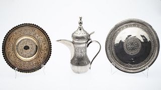 Saudi Silvered-Metal Coffee Pot and 2 Trays