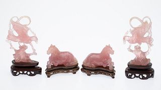 Pair of Chinese Pink Quartz Horses and Birds