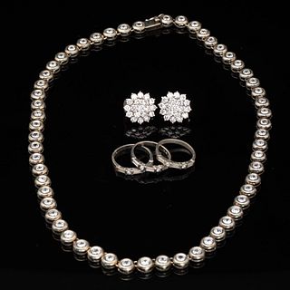Sterling & Faux Diamond Necklace, Earrings & 3 Rings