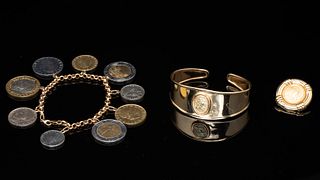 Italian 14K Gold Cuff, Pendant and Chain with Coins