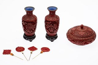 Pair of Chinese Cinnabar Vases, Box and 4 Pins
