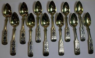 SILVER. 12 Mid 19th C Russian Niello Silver Spoons