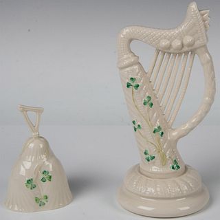 2pc Belleek Porcelain Shamrock Harp Figurine and Bell