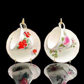6pc Regency China Cups/Saucers/Stands, Hibiscus + Rose