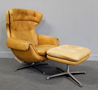Overman Midcentury Leather Lounge Chair & Ottoman.