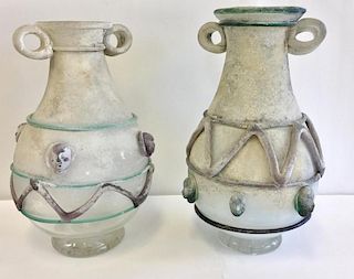 Midcentury Near Pair of Murano Scavo Glass Vases.