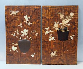 2 Parquetary Inlaid Plaques With Mixed Media