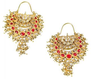Gold and Jeweled Ear Ornaments, Northern India, 19th C