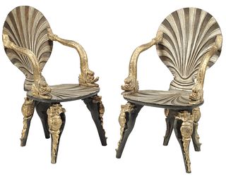 (2) GROTTO STYLE SILVER & GOLD GILT SHELL-FORM ARMCHAIRS