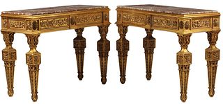 (2) LOUIS XIV STYLE MARBLE-TOP GILT CONSOLE TABLES