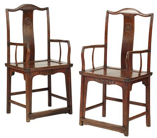 (2) CHINESE CARVED HARDWOOD ARMCHAIRS