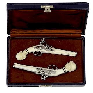 Pair Of Miniature Dutch Ivory Stock Pistols