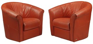 (2) MODERN ITALSOFA RED LEATHER SWIVEL CLUB CHAIRS