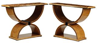 (2) ART DECO STYLE PARQUETRY-TOP SCULPTURAL CONSOLE TABLES