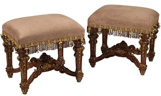 (2) LOUIS XIV STYLE PARCEL GILT UPHOLSTERED BENCHES