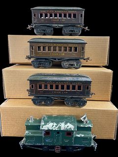 Group of 4 Ives O Gauge Trains 8250 0-4-0 Electric Locomotive and Three 61 Chair Cars