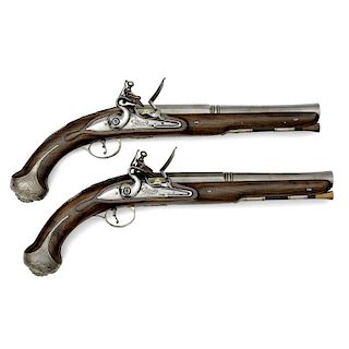 Contemporary Silver Mounted Flintlock Pistols