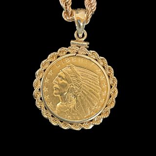 14 kt Yellow Gold Pendant with US 5 Dollar Gold Coin and 14 kt Yellow Gold Rope Chain Necklace