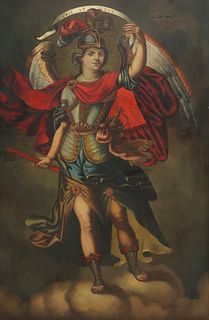 LARGE FRAMED PAINTING OF THE ARCHANGEL MICHAEL, 59" X 39"
