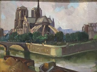 KELLY H. STEVENS (TX, 1896-1991) PAINTING NOTRE-DAME CATHEDRAL, PARIS