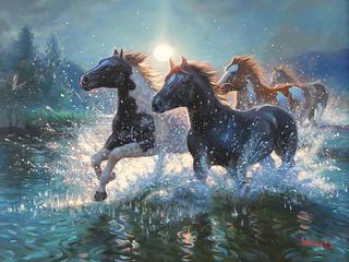 MARK KEATHLEY Horses in Moonlight Painting
