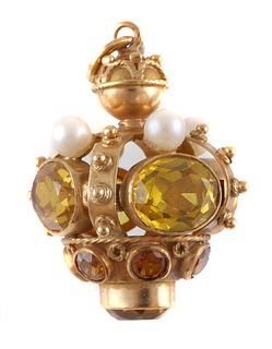 18k Gold Charm, Jeweled Crown w Pearls