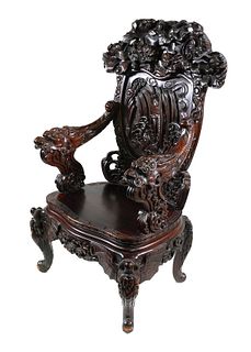 Chinese Carved Hardwood Dragon Throne Chair
