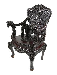 Chinese Carved Hardwood Dragon Thone Chair