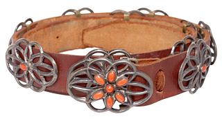 NATIVE AMERICAN SILVER & RED CORAL CONCHO BELT