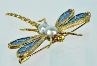 18kt Gold, Diamond & Pearl Dragonfly Brooch