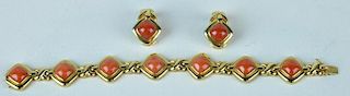 Gumps 18kt Gold Coral Bracelet & Clip Earrings