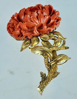 Carved Coral Flower Brooch in 14kt Yellow Gold