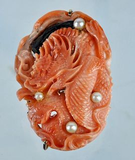 Chinese Carved Coral & Pearl Pendant