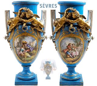 Pair Of 19th C. Figural Hand Painted Sevres Vases