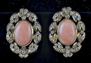 18kt Gold Diamond & Pink Coral Clip Earrings