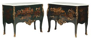 (2) LOUIS XV STYLE CHINOISERIE LACQUERED MARBLE-TOP COMMODES