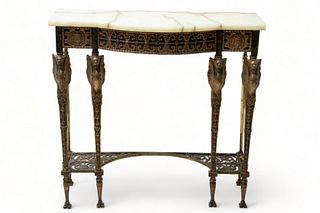 Attributed to Oscar Bach (American) Onyx Top, Cast Iron And Brass Console Table, H 31.5" W 32.5" Depth 12"