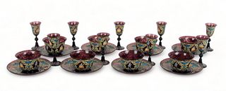 Venetian Blown Plum Color Glass Dessert Service, Enamel Decoration, Ca. 1900, H 5.25" Dia. 2.25" 25 pcs