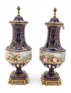 Sevres (Est. 1756) (French) Louis XVI Period Ormolu Mounted Porcelain Covered Vases 1779, H 21.5" Dia. 7.5"