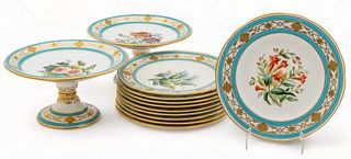 Minton (English) Porcelain Hand Painted, Gilded Dessert Plates & Compotes Ca. 1870, H 5" Dia. 9" 11 pcs