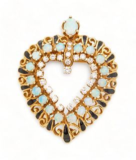 Diamond, Opal, Enamel, 14K Gold Pendant / Brooch. Heart Form H 1.6" 14.8g