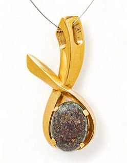 Yellow Gold And Black Cabochon Opal Contemporary Pendant 1960, H 2'' 18.4g