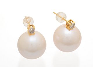 South Sea Pearl (14mm), 750 Yellow Gold Earrings, H 0.75" 10g 1 Pair