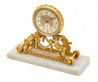 Eterna (Swiss, Est.1856) Louis XVI Style Gilt Bronze 8-Day Desk Clock, H 6" W 7.5" L 2.75"