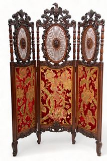 Belgian Carved Walnut & Cane Three-panel Divider Screen, Ca. 1900, H 70" W 53"
