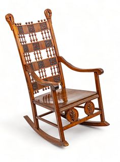 Arts And Crafts Style Bobbin Rocking Chair, Leather Panels, Ca. 1900, H 46" W 24" Depth 32"