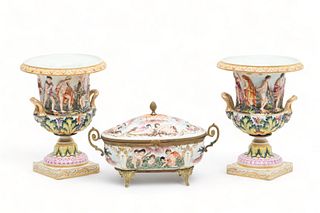 French Porcelain Capo De Monte Urns 8", 1 Pair, + Hinged Casque W 9" H 6". Ca. 1950, 3 pcs