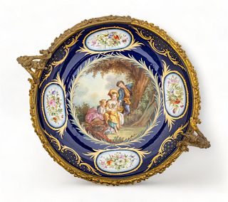 French Gilt Bronze And Inset Hand Painted Porcelain Footed Centerpiece Ca. 1880, H 7" Dia. 16"