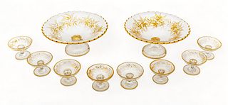Austrian Blown, Etched, And Gilded Glass Berry Compotes And Individual Berry Compotes Ca. 1880-1900, H 3.5" Dia. 7.5" 10 pcs